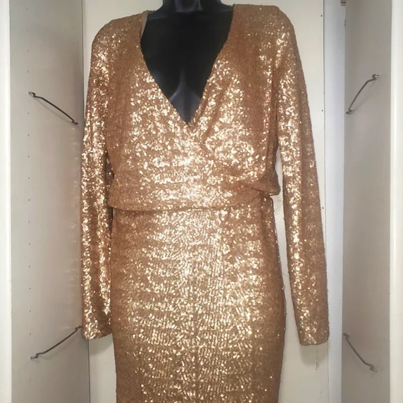 gold plunge sequin dress Tan Pleated Wrap Cowl Neck Satin Midi Dress – AX Paris US main image 1